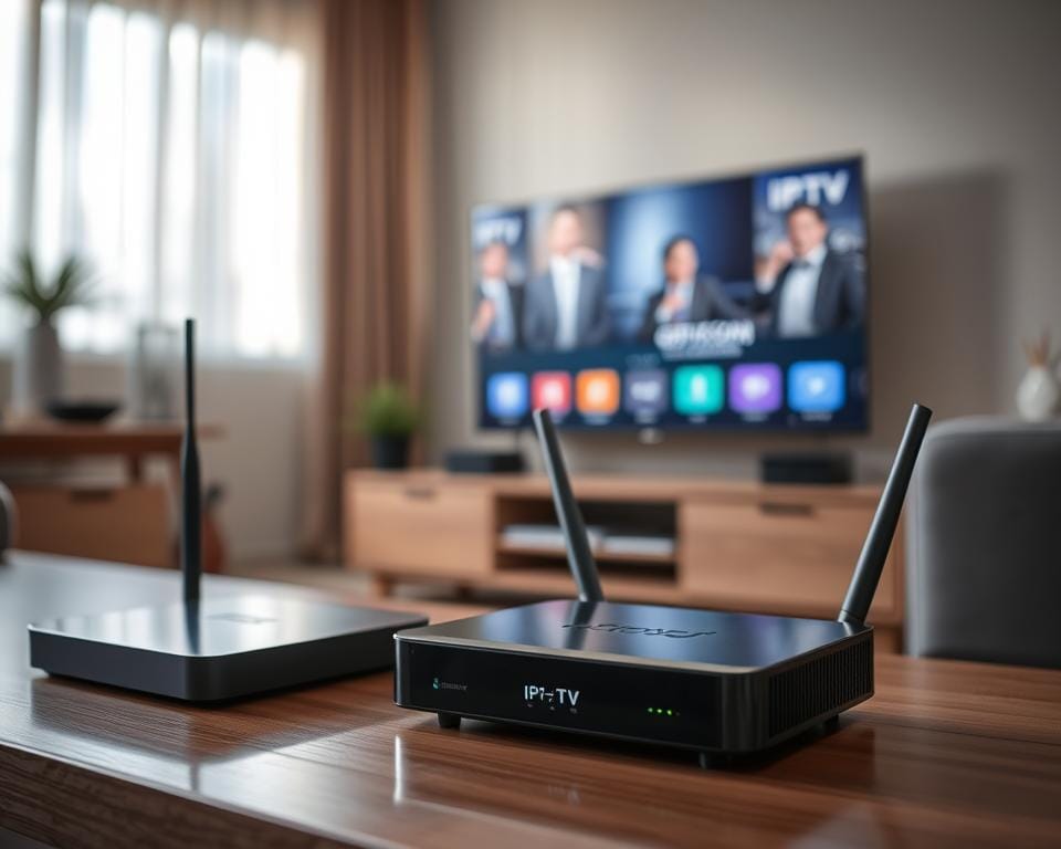 A professional, high-quality IPTV service setup with sleek, modern devices and streaming equipment. The scene features a living room or home entertainment area, with a smart TV, streaming box, and wireless router visible. The lighting is soft and natural, creating a warm and inviting atmosphere. The overall composition emphasizes the seamless integration of the IPTV technology, with the focus on the ease of use and reliability of the service. The image should convey a sense of a high-performing, trustworthy IPTV solution that enhances the viewer's video-watching experience. A professional, high-quality IPTV service setup with sleek, modern devices and streaming equipment. The scene features a living room or home entertainment area, with a smart TV, streaming box, and wireless router visible. The lighting is soft and natural, creating a warm and inviting atmosphere. The overall composition emphasizes the seamless integration of the IPTV technology, with the focus on the ease of use and reliability of the service. The image should convey a sense of a high-performing, trustworthy IPTV solution that enhances the viewer's video-watching experience.