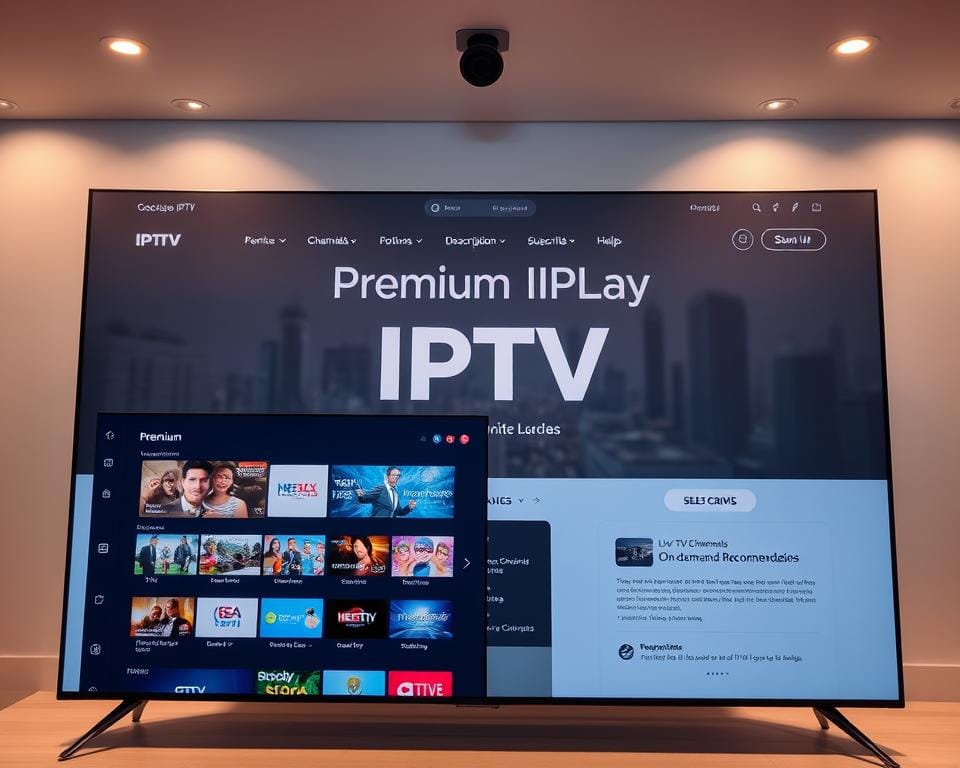 A professional, well-designed website interface showcasing a premium IPTV service provider. In the foreground, a sleek and modern user dashboard displays a grid of live TV channels, on-demand content, and personalized recommendations. The middle ground features prominent branding, service descriptions, and subscription options. In the background, a subtle cityscape or technology-inspired landscape creates a sense of sophistication and innovation. Realistic lighting from various angles, a high-definition camera, and a clean, minimalist aesthetic convey the premium quality of the IPTV offering. A professional, well-designed website interface showcasing a premium IPTV service provider. In the foreground, a sleek and modern user dashboard displays a grid of live TV channels, on-demand content, and personalized recommendations. The middle ground features prominent branding, service descriptions, and subscription options. In the background, a subtle cityscape or technology-inspired landscape creates a sense of sophistication and innovation. Realistic lighting from various angles, a high-definition camera, and a clean, minimalist aesthetic convey the premium quality of the IPTV offering.