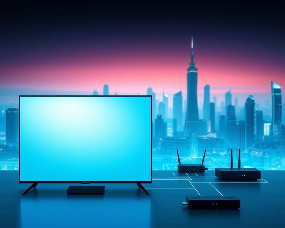 A serene and futuristic digital landscape showcasing the optimization of streaming quality. In the foreground, a sleek and minimalist smart TV emits a soft, ambient glow, its screen displaying a smooth, high-quality video stream. The middle ground features a network of interconnected devices, including a router, streaming box, and mobile devices, all working in harmony to ensure seamless and efficient data transmission. The background depicts a cityscape of towering, futuristic buildings, hinting at the advanced infrastructure supporting high-speed, low-latency internet connectivity. The scene is bathed in cool, blue-toned lighting, conveying a sense of technological sophistication and precision. A serene and futuristic digital landscape showcasing the optimization of streaming quality. In the foreground, a sleek and minimalist smart TV emits a soft, ambient glow, its screen displaying a smooth, high-quality video stream. The middle ground features a network of interconnected devices, including a router, streaming box, and mobile devices, all working in harmony to ensure seamless and efficient data transmission. The background depicts a cityscape of towering, futuristic buildings, hinting at the advanced infrastructure supporting high-speed, low-latency internet connectivity. The scene is bathed in cool, blue-toned lighting, conveying a sense of technological sophistication and precision.
