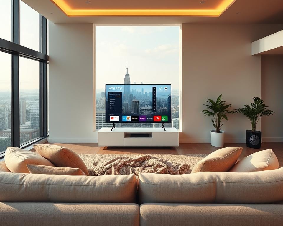 A serene and modern living room with a large, comfortable sofa in the foreground, adorned with plush pillows and a soft, cozy throw. In the middle ground, a sleek, minimalist TV stand holds a high-definition television displaying the Atlas IPTV interface, showcasing its flexibility and user-friendly design. The background features a large, open window overlooking a picturesque city skyline, bathed in warm, natural lighting that fills the space. The overall atmosphere conveys a sense of relaxation, convenience, and the seamless integration of technology into a harmonious home environment. A serene and modern living room with a large, comfortable sofa in the foreground, adorned with plush pillows and a soft, cozy throw. In the middle ground, a sleek, minimalist TV stand holds a high-definition television displaying the Atlas IPTV interface, showcasing its flexibility and user-friendly design. The background features a large, open window overlooking a picturesque city skyline, bathed in warm, natural lighting that fills the space. The overall atmosphere conveys a sense of relaxation, convenience, and the seamless integration of technology into a harmonious home environment.