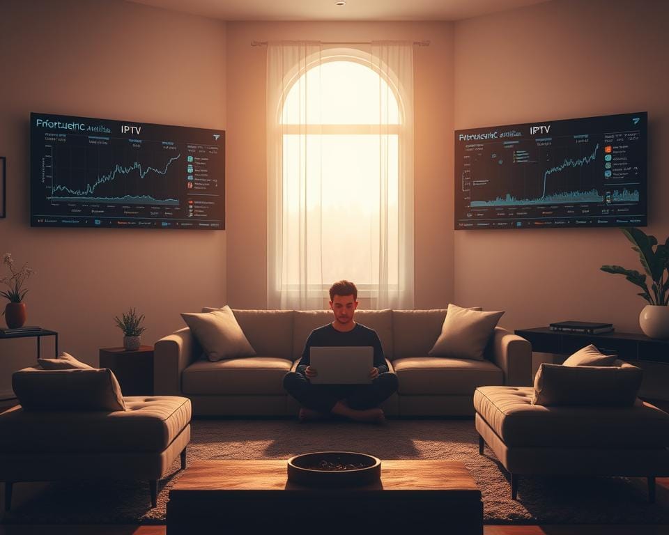 A serene living room setting, bathed in warm, diffused lighting from a large window. In the center, a person sits cross-legged on a plush sofa, laptop open, deeply focused on optimizing their IPTV experience. The room is decorated with minimalist, modern furnishings, and the walls are adorned with sleek, high-tech displays showcasing IPTV-related analytics and performance metrics. The atmosphere is one of thoughtful concentration, with a hint of technological elegance. A serene living room setting, bathed in warm, diffused lighting from a large window. In the center, a person sits cross-legged on a plush sofa, laptop open, deeply focused on optimizing their IPTV experience. The room is decorated with minimalist, modern furnishings, and the walls are adorned with sleek, high-tech displays showcasing IPTV-related analytics and performance metrics. The atmosphere is one of thoughtful concentration, with a hint of technological elegance.
