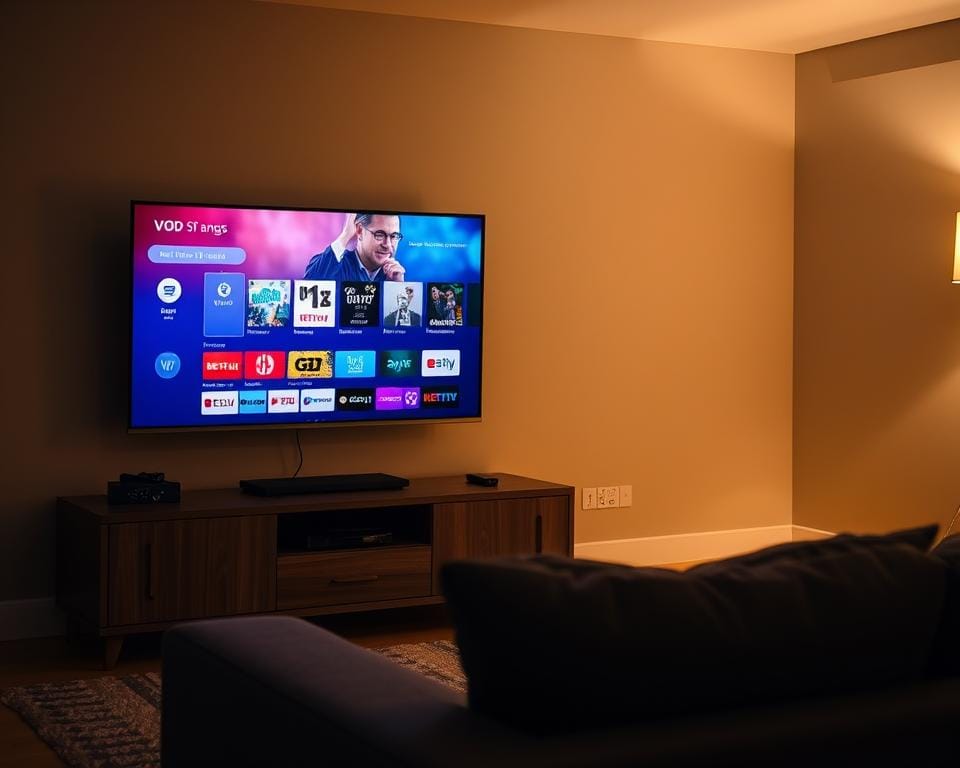 A serene living room setting, dimly lit with a cozy atmosphere. In the foreground, a sleek, modern smart TV screen displays a vibrant, high-definition interface showcasing various VOD (Video-on-Demand) service icons and logos. The TV is positioned on a minimalist, wood-paneled entertainment unit, with neatly arranged streaming devices and remote controls nearby. The middle ground features a comfortable, plush sofa, inviting the viewer to relax and enjoy the VOD experience. The background depicts a warm, neutral-toned wall, creating a sense of tranquility and focus on the technological features. The lighting is soft and natural, accentuating the premium, high-quality visuals of the VOD services displayed on the screen. A serene living room setting, dimly lit with a cozy atmosphere. In the foreground, a sleek, modern smart TV screen displays a vibrant, high-definition interface showcasing various VOD (Video-on-Demand) service icons and logos. The TV is positioned on a minimalist, wood-paneled entertainment unit, with neatly arranged streaming devices and remote controls nearby. The middle ground features a comfortable, plush sofa, inviting the viewer to relax and enjoy the VOD experience. The background depicts a warm, neutral-toned wall, creating a sense of tranquility and focus on the technological features. The lighting is soft and natural, accentuating the premium, high-quality visuals of the VOD services displayed on the screen.