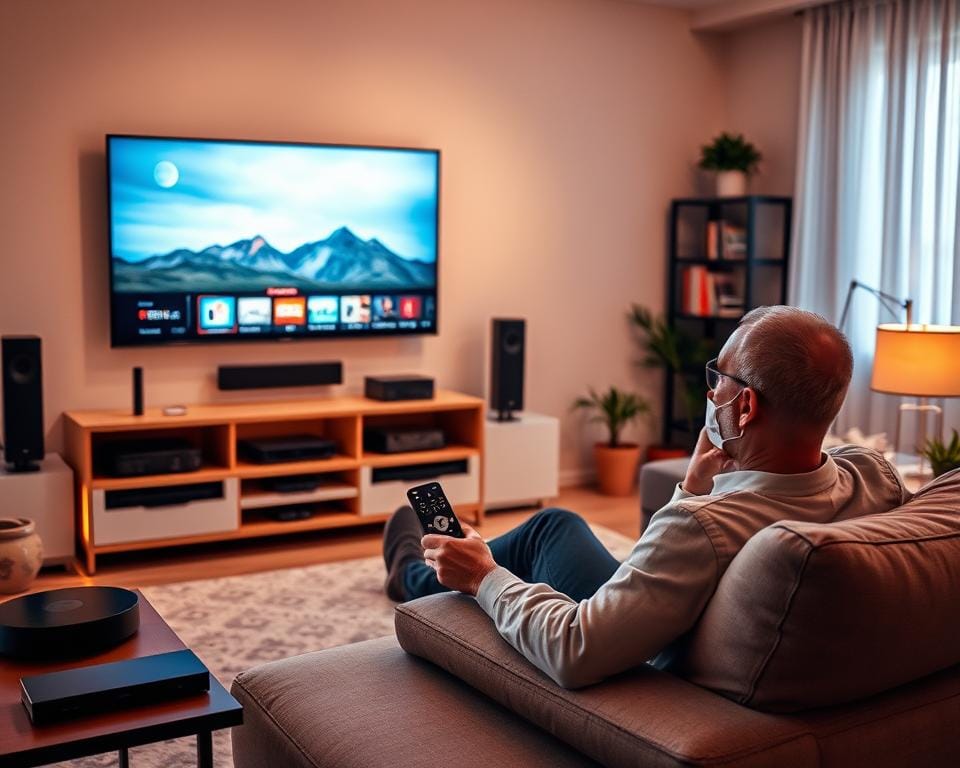 A serene living room setting with a large flat-screen TV mounted on the wall, surrounded by modern furniture and streaming devices. The room is bathed in warm, diffused lighting, creating a cozy and inviting atmosphere. In the foreground, a person is comfortably seated on a plush sofa, holding a remote control and immersed in the content on the screen. The background features a stylish bookshelf and potted plants, subtly hinting at the convenience and flexibility of streaming entertainment compared to traditional television. A serene living room setting with a large flat-screen TV mounted on the wall, surrounded by modern furniture and streaming devices. The room is bathed in warm, diffused lighting, creating a cozy and inviting atmosphere. In the foreground, a person is comfortably seated on a plush sofa, holding a remote control and immersed in the content on the screen. The background features a stylish bookshelf and potted plants, subtly hinting at the convenience and flexibility of streaming entertainment compared to traditional television.