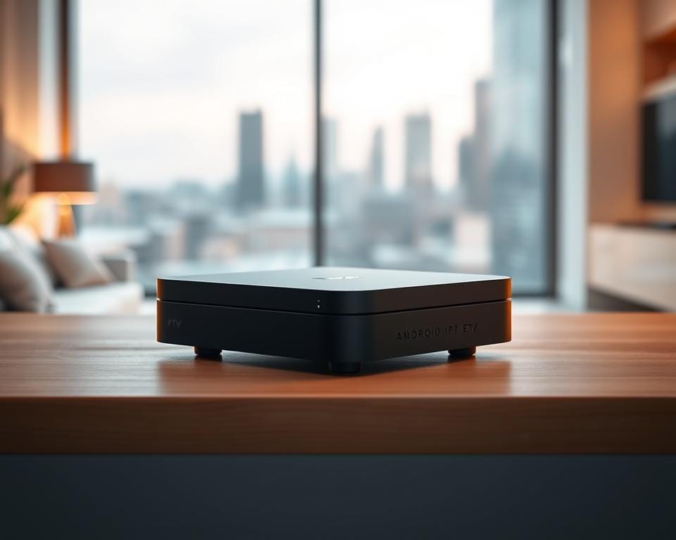 A sleek and modern Android IPTV box sits prominently in the frame, its clean lines and matte black finish reflecting a sophisticated and technologically advanced design. The device is positioned on a minimalist wooden surface, with a subtle lighting setup casting a warm glow and creating depth and atmosphere. In the background, a blurred cityscape can be seen through a large window, hinting at the box's connectivity and versatility in a modern home environment. The overall scene conveys a sense of understated elegance and the seamless integration of technology into the domestic setting. A sleek and modern Android IPTV box sits prominently in the frame, its clean lines and matte black finish reflecting a sophisticated and technologically advanced design. The device is positioned on a minimalist wooden surface, with a subtle lighting setup casting a warm glow and creating depth and atmosphere. In the background, a blurred cityscape can be seen through a large window, hinting at the box's connectivity and versatility in a modern home environment. The overall scene conveys a sense of understated elegance and the seamless integration of technology into the domestic setting.