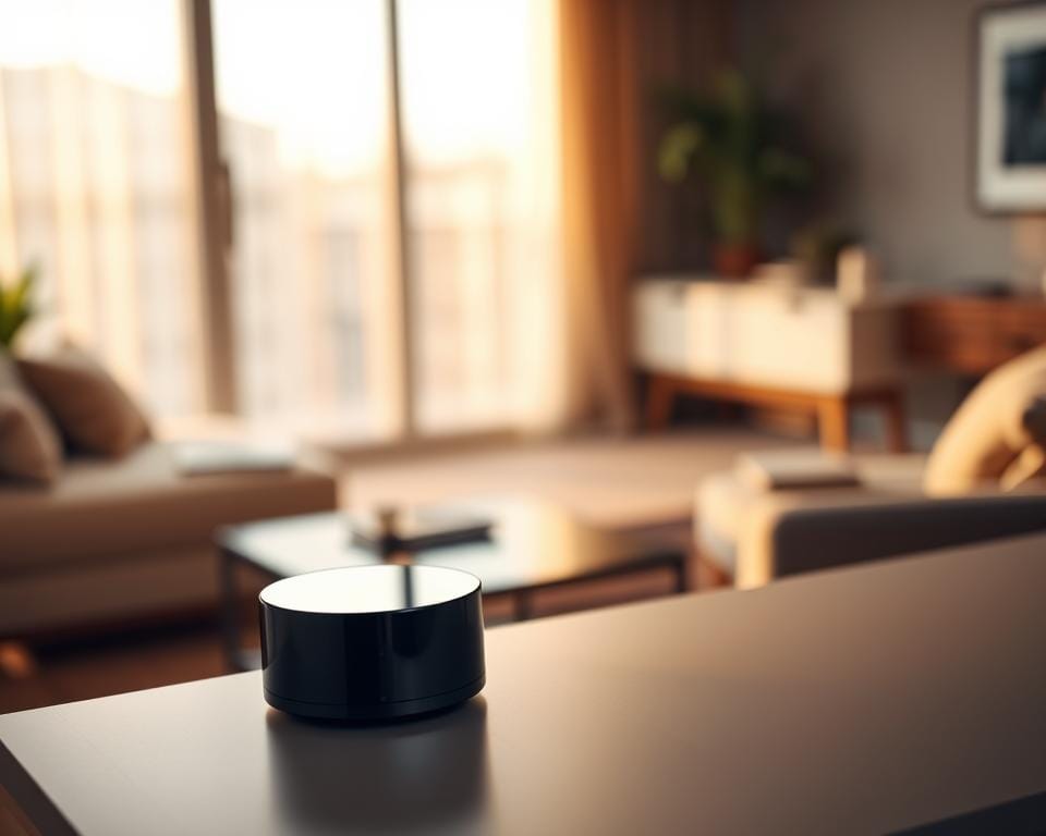 A sleek and modern IPTV premium OTT device rests on a minimalist desk. The device has a clean, cylindrical shape with a glossy, black finish. Soft, warm lighting illuminates the scene, casting gentle shadows and highlighting the device's elegant design. The background is a blurred, out-of-focus view of a cozy, contemporary living room, with neutral-toned furnishings and a large, floor-to-ceiling window that lets in natural light. The overall composition and lighting create a sense of sophistication and technological refinement, perfectly capturing the essence of IPTV premium OTT.