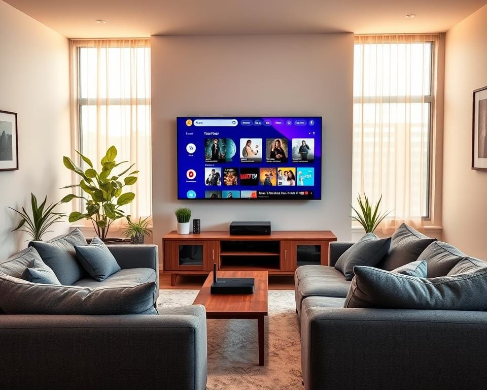 A sleek and modern apartment living room, bathed in warm natural light from large windows. The centerpiece is a high-end smart TV, displaying a vibrant and crisp IPTV OTT interface. On a minimalist wooden entertainment unit, a streaming box and wireless router are neatly arranged. Plush grey sofas face the TV, creating an inviting space for enjoying the latest movies, shows, and live channels. The room has an airy, sophisticated atmosphere, with potted plants, subtle accent lighting, and framed art on the walls. The overall scene conveys the convenience and entertainment value of a premium IPTV OTT service in a stylish, contemporary home setting. A sleek and modern apartment living room, bathed in warm natural light from large windows. The centerpiece is a high-end smart TV, displaying a vibrant and crisp IPTV OTT interface. On a minimalist wooden entertainment unit, a streaming box and wireless router are neatly arranged. Plush grey sofas face the TV, creating an inviting space for enjoying the latest movies, shows, and live channels. The room has an airy, sophisticated atmosphere, with potted plants, subtle accent lighting, and framed art on the walls. The overall scene conveys the convenience and entertainment value of a premium IPTV OTT service in a stylish, contemporary home setting.