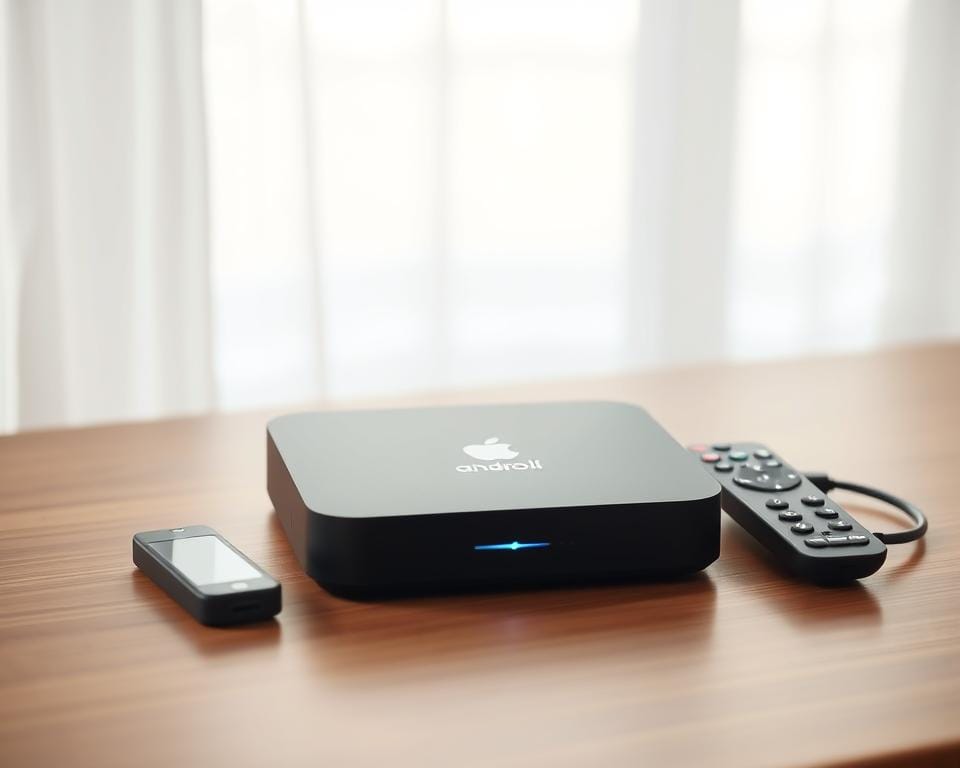 A sleek, contemporary Android TV box sitting prominently on a minimalist wooden desk, its clean lines and matte finish gleaming under the soft, diffused light of a large window. The device is surrounded by a few necessary accessories - a compact remote control, a USB cable, and perhaps a small status light or indicator. The scene conveys a sense of simplicity and functionality, reflecting the practical nature of configuring an IPTV service on this type of media player. The overall mood is one of efficiency and ease of use, hinting at the straightforward setup process described in the article section. A sleek, contemporary Android TV box sitting prominently on a minimalist wooden desk, its clean lines and matte finish gleaming under the soft, diffused light of a large window. The device is surrounded by a few necessary accessories - a compact remote control, a USB cable, and perhaps a small status light or indicator. The scene conveys a sense of simplicity and functionality, reflecting the practical nature of configuring an IPTV service on this type of media player. The overall mood is one of efficiency and ease of use, hinting at the straightforward setup process described in the article section.