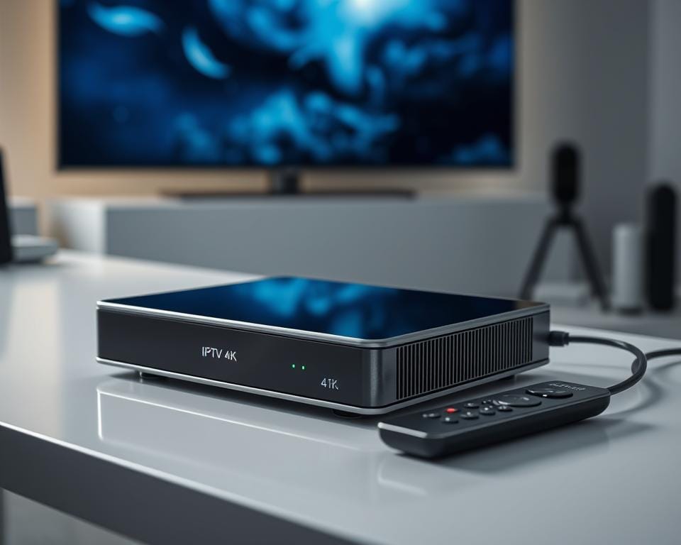A sleek, high-tech IPTV device rests on a modern, minimalist desk, its clean lines and metallic finish reflecting the ambient lighting. The display showcases crystal-clear 4K video, immersing the viewer in a world of exceptional visual quality. Surrounding the device are subtle yet sophisticated design elements, such as a wireless remote and a tasteful cable management system, all working in harmony to create an elegant and efficient home entertainment setup. The overall atmosphere conveys a sense of technological sophistication and attention to detail, perfectly suited for the "Optimisation de la qualité de visionnage IPTV OTT 4K" section of the article.