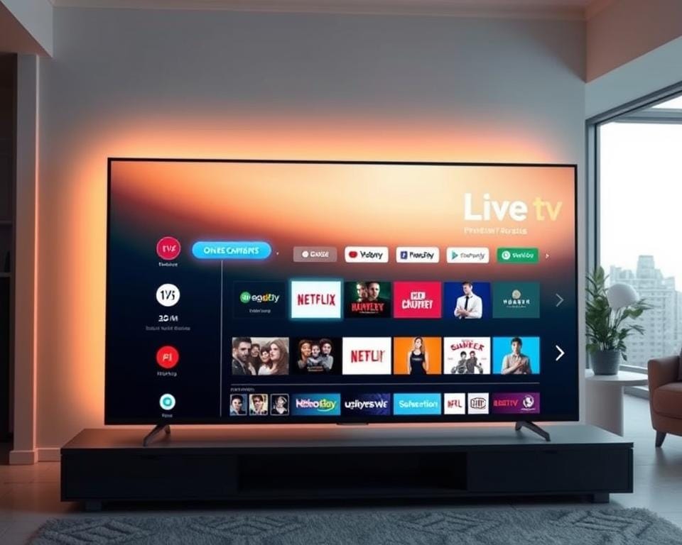 A sleek, high-tech premium IPTV interface displayed on a modern, minimalist television screen. The user interface features a clean grid layout with large, vibrant icons for various content categories such as live TV, on-demand movies, and subscription services. The screen is backlit with a soft, warm glow, creating a cozy and inviting atmosphere. The television is positioned in a well-lit, modern living room setting, with large windows allowing natural light to filter in. The overall composition conveys a sense of sophistication, convenience, and the seamless integration of digital media into the home environment. A sleek, high-tech premium IPTV interface displayed on a modern, minimalist television screen. The user interface features a clean grid layout with large, vibrant icons for various content categories such as live TV, on-demand movies, and subscription services. The screen is backlit with a soft, warm glow, creating a cozy and inviting atmosphere. The television is positioned in a well-lit, modern living room setting, with large windows allowing natural light to filter in. The overall composition conveys a sense of sophistication, convenience, and the seamless integration of digital media into the home environment.