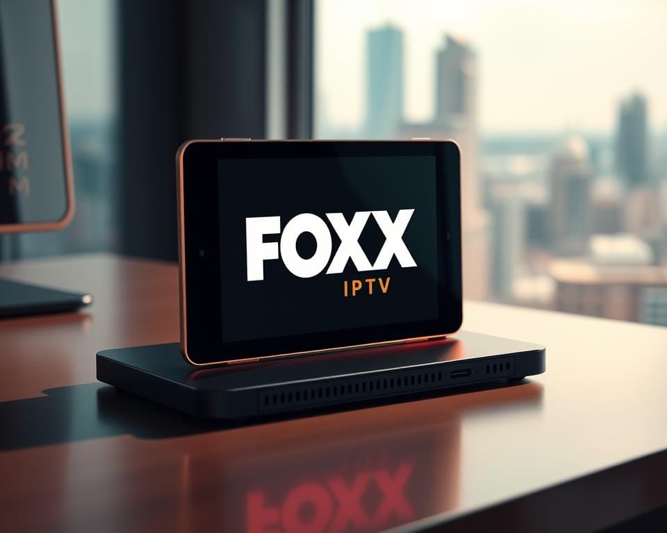 A sleek, modern Android device sitting on a minimalist desk, with the Foxx IPTV logo prominently displayed on the screen. The device is bathed in warm, directional lighting, casting subtle shadows that add depth and dimension. The background is a blurred, out-of-focus cityscape, hinting at the urban setting and the global reach of the IPTV service. The overall composition conveys a sense of professionalism, technology, and user-friendliness, perfectly capturing the essence of the "Installation de Foxx IPTV sur Android" section. A sleek, modern Android device sitting on a minimalist desk, with the Foxx IPTV logo prominently displayed on the screen. The device is bathed in warm, directional lighting, casting subtle shadows that add depth and dimension. The background is a blurred, out-of-focus cityscape, hinting at the urban setting and the global reach of the IPTV service. The overall composition conveys a sense of professionalism, technology, and user-friendliness, perfectly capturing the essence of the "Installation de Foxx IPTV sur Android" section.