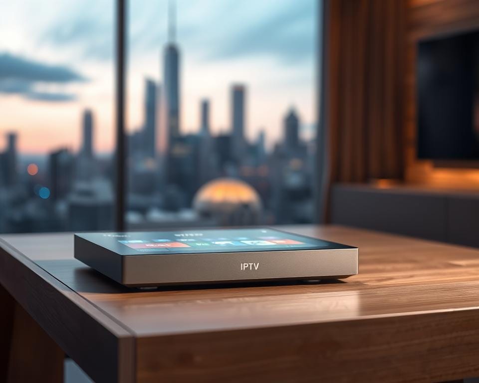 A sleek, modern IPTV OTT device resting on a minimalist wooden table, its sharp edges and clean lines illuminated by soft, indirect lighting. The device's screen displays a vibrant, high-definition interface showcasing a range of content options, conveying the premium, cutting-edge nature of this IPTV technology. In the background, a blurred cityscape with towering skyscrapers hints at the global connectivity and vast content libraries enabled by this advanced IPTV OTT system. The overall scene exudes a sense of sophistication, innovation, and the future of entertainment consumption. A sleek, modern IPTV OTT device resting on a minimalist wooden table, its sharp edges and clean lines illuminated by soft, indirect lighting. The device's screen displays a vibrant, high-definition interface showcasing a range of content options, conveying the premium, cutting-edge nature of this IPTV technology. In the background, a blurred cityscape with towering skyscrapers hints at the global connectivity and vast content libraries enabled by this advanced IPTV OTT system. The overall scene exudes a sense of sophistication, innovation, and the future of entertainment consumption.