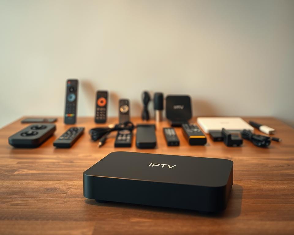 A sleek, modern IPTV box rests on a minimalist wooden table, its matte black exterior catching the warm glow of ambient lighting. The box is positioned in the foreground, its clean lines and subtle branding suggesting a premium, high-quality device. The middle ground features an assortment of streaming remotes, cables, and other accessories neatly arranged, hinting at the box's connectivity and versatility. In the background, a simple, neutral-toned wall creates a calming, professional atmosphere, allowing the IPTV box to be the focal point. The overall composition conveys a sense of sophistication and functionality, showcasing the legal and legitimate nature of this IPTV solution. A sleek, modern IPTV box rests on a minimalist wooden table, its matte black exterior catching the warm glow of ambient lighting. The box is positioned in the foreground, its clean lines and subtle branding suggesting a premium, high-quality device. The middle ground features an assortment of streaming remotes, cables, and other accessories neatly arranged, hinting at the box's connectivity and versatility. In the background, a simple, neutral-toned wall creates a calming, professional atmosphere, allowing the IPTV box to be the focal point. The overall composition conveys a sense of sophistication and functionality, showcasing the legal and legitimate nature of this IPTV solution.