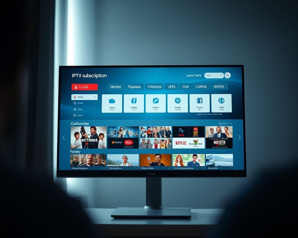 A sleek, modern IPTV subscription service interface, prominently displayed on a high-resolution computer monitor. The screen showcases a clean, minimalist design with intuitive navigation menus and a visually appealing selection of popular live TV channels and on-demand content. The background is slightly blurred, emphasizing the focal point of the IPTV subscription service details. Lighting is soft and diffused, creating a professional and inviting atmosphere. The overall composition conveys a sense of reliability, accessibility, and the convenience of obtaining a Foxx IPTV subscription. A sleek, modern IPTV subscription service interface, prominently displayed on a high-resolution computer monitor. The screen showcases a clean, minimalist design with intuitive navigation menus and a visually appealing selection of popular live TV channels and on-demand content. The background is slightly blurred, emphasizing the focal point of the IPTV subscription service details. Lighting is soft and diffused, creating a professional and inviting atmosphere. The overall composition conveys a sense of reliability, accessibility, and the convenience of obtaining a Foxx IPTV subscription.