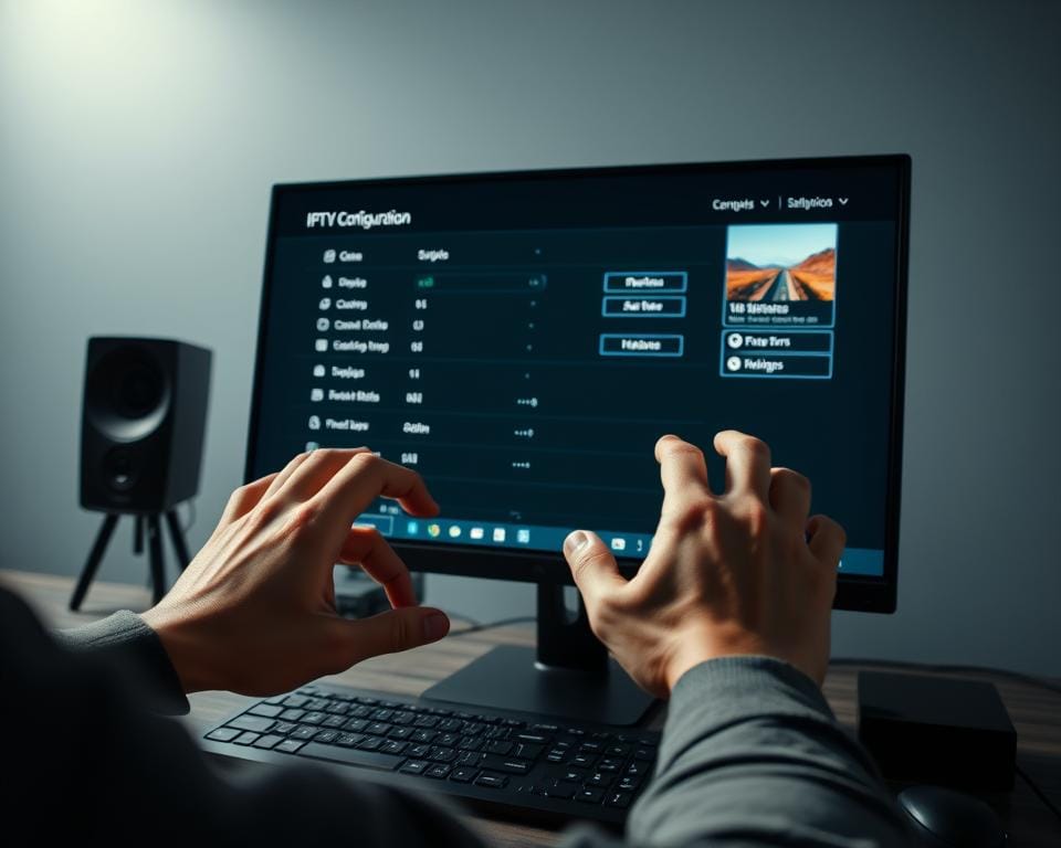 A sleek, modern desktop computer setup with a crisp monitor displaying the IPTV configuration interface. In the foreground, a person's hands expertly navigating through the various settings and options, their movements captured in a sharp, focused manner. The background features a clean, minimalist workspace, with subtle lighting and muted tones that create a calm, professional atmosphere. The overall scene conveys a sense of effortless mastery over the IPTV configuration process, emphasizing the ease and convenience of setting up this premium streaming service on a personal computer. A sleek, modern desktop computer setup with a crisp monitor displaying the IPTV configuration interface. In the foreground, a person's hands expertly navigating through the various settings and options, their movements captured in a sharp, focused manner. The background features a clean, minimalist workspace, with subtle lighting and muted tones that create a calm, professional atmosphere. The overall scene conveys a sense of effortless mastery over the IPTV configuration process, emphasizing the ease and convenience of setting up this premium streaming service on a personal computer.