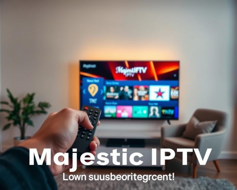 A sleek, modern flat-screen television displaying a vibrant IPTV interface, with a hand holding a remote control in the foreground. The screen showcases the Majestic IPTV logo and various on-demand content options. The background features a clean, minimalist living room setting with a cozy armchair and a potted plant, conveying a sense of comfort and simplicity. The lighting is warm and inviting, creating a welcoming atmosphere. The overall composition highlights the ease and accessibility of the Majestic IPTV service, guiding the viewer towards the subscription process. A sleek, modern flat-screen television displaying a vibrant IPTV interface, with a hand holding a remote control in the foreground. The screen showcases the Majestic IPTV logo and various on-demand content options. The background features a clean, minimalist living room setting with a cozy armchair and a potted plant, conveying a sense of comfort and simplicity. The lighting is warm and inviting, creating a welcoming atmosphere. The overall composition highlights the ease and accessibility of the Majestic IPTV service, guiding the viewer towards the subscription process.