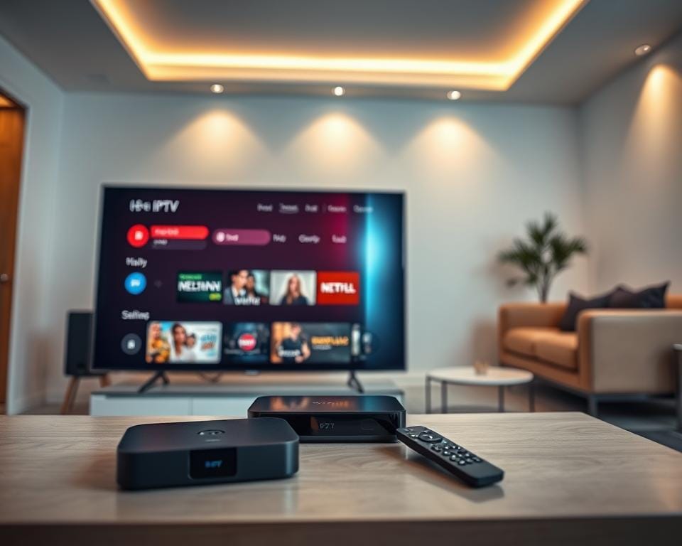 A sleek, modern home entertainment setup showcasing various IPTV subscription options. In the foreground, a state-of-the-art smart TV displays the IPTV interface, highlighting the diverse channel selection and premium content. In the middle ground, a high-end streaming device and wireless remote control convey the convenience of accessing IPTV services. The background features a minimalist, well-lit living room setting with clean lines and warm, inviting lighting, creating an atmosphere of comfort and sophistication. The overall composition emphasizes the seamless integration of IPTV technology into a contemporary, premium home entertainment experience. A sleek, modern home entertainment setup showcasing various IPTV subscription options. In the foreground, a state-of-the-art smart TV displays the IPTV interface, highlighting the diverse channel selection and premium content. In the middle ground, a high-end streaming device and wireless remote control convey the convenience of accessing IPTV services. The background features a minimalist, well-lit living room setting with clean lines and warm, inviting lighting, creating an atmosphere of comfort and sophistication. The overall composition emphasizes the seamless integration of IPTV technology into a contemporary, premium home entertainment experience.