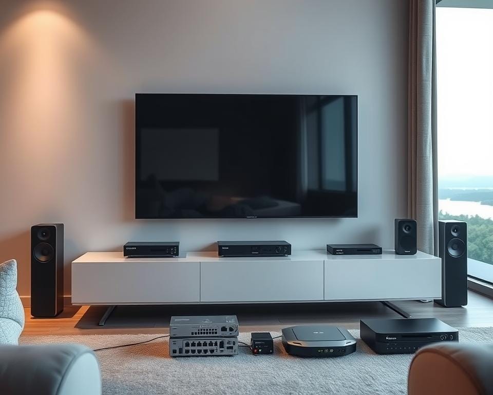 A sleek, modern home entertainment setup with a high-tech IPTV configuration. The centerpiece is a minimalist TV console featuring a large, high-definition display. Discreetly placed below it are various IPTV streaming devices, routers, and network switches, all neatly organized and connected. The lighting is soft and indirect, creating a warm, inviting atmosphere. The overall aesthetic is clean, contemporary, and focused on optimizing the video streaming experience. In the background, a large window offers a scenic view, blending the digital and physical realms. The composition emphasizes the seamless integration of technology within a stylish, living room environment. A sleek, modern home entertainment setup with a high-tech IPTV configuration. The centerpiece is a minimalist TV console featuring a large, high-definition display. Discreetly placed below it are various IPTV streaming devices, routers, and network switches, all neatly organized and connected. The lighting is soft and indirect, creating a warm, inviting atmosphere. The overall aesthetic is clean, contemporary, and focused on optimizing the video streaming experience. In the background, a large window offers a scenic view, blending the digital and physical realms. The composition emphasizes the seamless integration of technology within a stylish, living room environment.