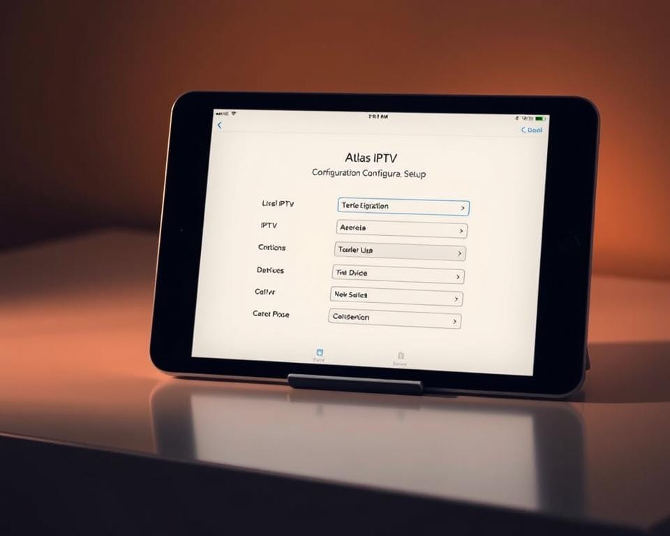 A sleek, modern iOS device displaying the configuration screen for Atlas IPTV, a popular live TV streaming service. The device is positioned on a minimalist desk or table, bathed in warm, directional lighting that accentuates the clean lines and elegant design. The configuration interface is clear and intuitive, showcasing the various setup options for connecting the service to the device. The overall scene conveys a sense of effortless technology integration, reflecting the practical nature of the guide's subject matter. A sleek, modern iOS device displaying the configuration screen for Atlas IPTV, a popular live TV streaming service. The device is positioned on a minimalist desk or table, bathed in warm, directional lighting that accentuates the clean lines and elegant design. The configuration interface is clear and intuitive, showcasing the various setup options for connecting the service to the device. The overall scene conveys a sense of effortless technology integration, reflecting the practical nature of the guide's subject matter.