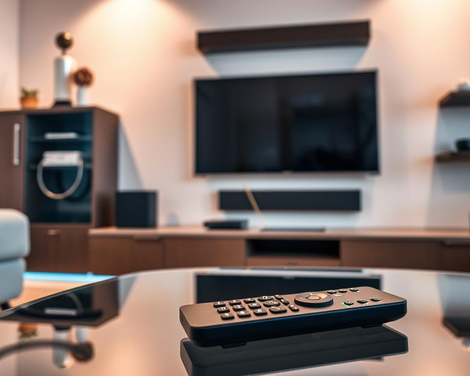 A sleek, modern living room setup featuring a high-definition smart TV, a streaming media player, and a wireless router. The TV is mounted on the wall, surrounded by minimalist shelving and decor. In the foreground, an ergonomic remote control and a smartphone lie on a glass coffee table, symbolizing the seamless integration of devices for OTT and IPTV services. The lighting is warm and inviting, creating a cozy atmosphere for enjoying media content. The overall scene conveys the convenience and accessibility of contemporary home entertainment technology.