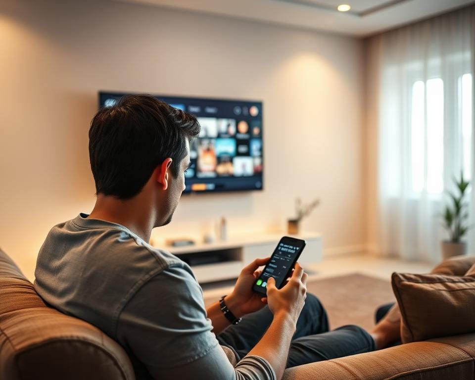 A sleek, modern living room with a large flat-screen TV mounted on the wall. In the foreground, a person is sitting on a comfortable couch, intently focused on a smartphone or tablet, configuring an IPTV app. The room is bathed in warm, diffused lighting, creating a cozy and inviting atmosphere. The background features minimal, contemporary decor, allowing the technical setup to take center stage. The composition emphasizes the seamless integration of technology into a stylish home environment, reflecting the ease and convenience of setting up an OTT IPTV service. A sleek, modern living room with a large flat-screen TV mounted on the wall. In the foreground, a person is sitting on a comfortable couch, intently focused on a smartphone or tablet, configuring an IPTV app. The room is bathed in warm, diffused lighting, creating a cozy and inviting atmosphere. The background features minimal, contemporary decor, allowing the technical setup to take center stage. The composition emphasizes the seamless integration of technology into a stylish home environment, reflecting the ease and convenience of setting up an OTT IPTV service.