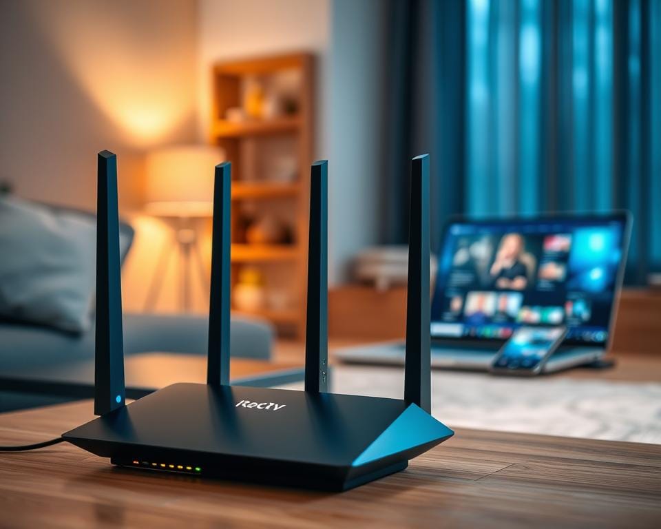 A sleek, modern router standing prominently in the foreground, its status lights pulsing with a steady rhythm. In the middle ground, a laptop and smartphone are connected to the network, their screens showcasing the IPTV interface and content. The background is softly blurred, hinting at a cozy home interior with warm lighting. The overall scene conveys a sense of effortless connectivity, emphasizing the technical requirements for a seamless Majestic IPTV experience. A sleek, modern router standing prominently in the foreground, its status lights pulsing with a steady rhythm. In the middle ground, a laptop and smartphone are connected to the network, their screens showcasing the IPTV interface and content. The background is softly blurred, hinting at a cozy home interior with warm lighting. The overall scene conveys a sense of effortless connectivity, emphasizing the technical requirements for a seamless Majestic IPTV experience.