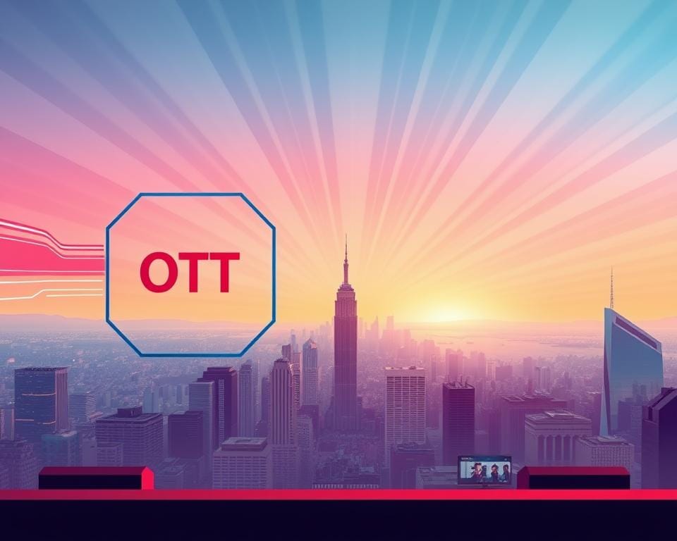 A stylized, high-definition illustration depicting the concepts of OTT (Over-the-Top) and IPTV (Internet Protocol Television). In the foreground, two abstract geometric shapes representing OTT and IPTV platforms, with dynamic lines and gradients conveying the idea of streaming and connectivity. In the middle ground, a vibrant cityscape with skyscrapers and digital interfaces, symbolizing the ubiquity of online media consumption. In the background, a vast, gradient-filled sky with rays of light, creating a sense of technological advancement and a futuristic aesthetic. The overall composition should be visually striking, with a balance of abstract and realistic elements, conveying the essence of the OTT and IPTV landscape.