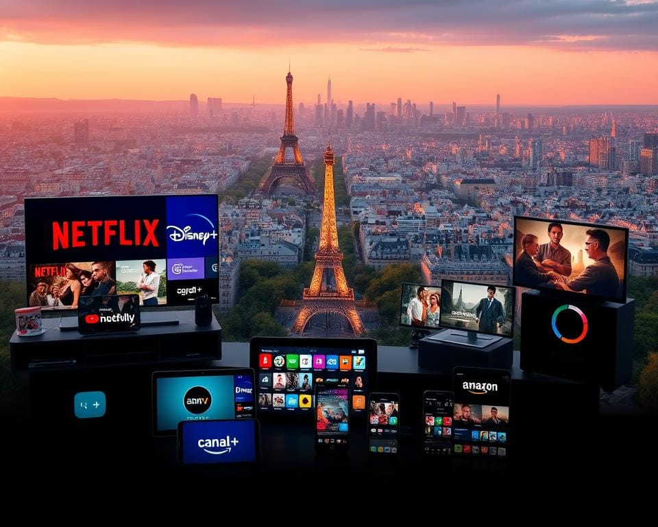 A vibrant and dynamic landscape showcasing the leading OTT platforms in France. In the foreground, sleek and modern app icons representing the major streaming services like Netflix, Disney+, Amazon Prime Video, and Canal+. In the middle ground, various TV sets, tablets, and smartphones displaying the user interfaces of these platforms, all bathed in a warm, inviting lighting. The background is a cityscape of Parisian landmarks, capturing the cultural and technological essence of France. The composition is balanced, with a clean and minimalist aesthetic, emphasizing the accessibility and prevalence of these OTT services in the French digital landscape. A vibrant and dynamic landscape showcasing the leading OTT platforms in France. In the foreground, sleek and modern app icons representing the major streaming services like Netflix, Disney+, Amazon Prime Video, and Canal+. In the middle ground, various TV sets, tablets, and smartphones displaying the user interfaces of these platforms, all bathed in a warm, inviting lighting. The background is a cityscape of Parisian landmarks, capturing the cultural and technological essence of France. The composition is balanced, with a clean and minimalist aesthetic, emphasizing the accessibility and prevalence of these OTT services in the French digital landscape.