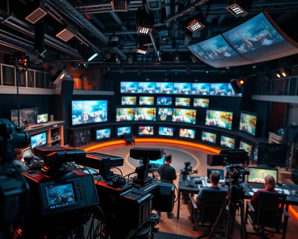 A vibrant, ultra-high-definition image of a sleek, modern television studio with an array of state-of-the-art broadcasting equipment. In the foreground, a bank of professional-grade cameras capture the action, their lenses focused and their operators poised. In the middle ground, a series of large, curved video monitors display a variety of live television channels, their content crisp and vibrant. The background is filled with a complex network of cables, lighting rigs, and soundproofing panels, creating a sense of the technical infrastructure that powers the television production. The lighting is warm and balanced, with a slight cinematic feel, highlighting the technological sophistication of the studio. The overall atmosphere conveys the dynamism and energy of a professional television broadcasting environment. A vibrant, ultra-high-definition image of a sleek, modern television studio with an array of state-of-the-art broadcasting equipment. In the foreground, a bank of professional-grade cameras capture the action, their lenses focused and their operators poised. In the middle ground, a series of large, curved video monitors display a variety of live television channels, their content crisp and vibrant. The background is filled with a complex network of cables, lighting rigs, and soundproofing panels, creating a sense of the technical infrastructure that powers the television production. The lighting is warm and balanced, with a slight cinematic feel, highlighting the technological sophistication of the studio. The overall atmosphere conveys the dynamism and energy of a professional television broadcasting environment.