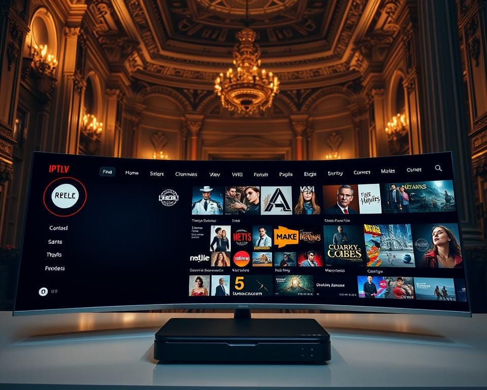 A visually stunning and highly detailed interface of the Majestic IPTV service. The foreground showcases the sleek and intuitive dashboard, with clean lines, bold iconography, and a sophisticated color palette of deep blues and golds. In the middle ground, various content categories are neatly organized, inviting the user to explore a vast library of live TV channels, movies, and on-demand programming. The background hints at a sense of grandeur, with ornate architectural elements and a subtle, warm lighting that imbues the scene with a majestic ambiance. The overall composition conveys a harmonious balance of form and function, creating a truly captivating and premium user experience. A visually stunning and highly detailed interface of the Majestic IPTV service. The foreground showcases the sleek and intuitive dashboard, with clean lines, bold iconography, and a sophisticated color palette of deep blues and golds. In the middle ground, various content categories are neatly organized, inviting the user to explore a vast library of live TV channels, movies, and on-demand programming. The background hints at a sense of grandeur, with ornate architectural elements and a subtle, warm lighting that imbues the scene with a majestic ambiance. The overall composition conveys a harmonious balance of form and function, creating a truly captivating and premium user experience.