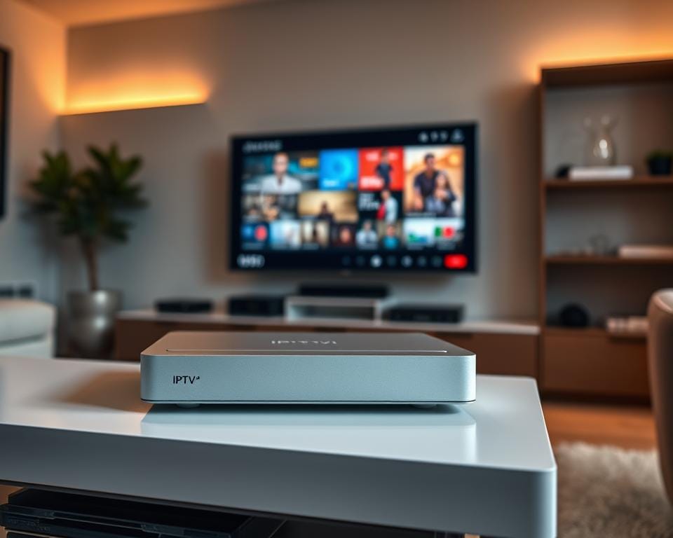 A well-lit and modern home entertainment center, showcasing a high-quality IPTV set-top box prominently placed on a sleek media console. The box has a minimalist design with clean lines and a subtle LED indicator, exuding a sense of reliability and performance. In the background, a large flatscreen TV displays vibrant, high-definition video content, creating an immersive viewing experience. The room is bathed in warm, diffused lighting, setting a cozy and relaxing atmosphere. The overall scene conveys a sense of dependable and efficient IPTV service, ready to deliver a seamless and enjoyable streaming experience. A well-lit and modern home entertainment center, showcasing a high-quality IPTV set-top box prominently placed on a sleek media console. The box has a minimalist design with clean lines and a subtle LED indicator, exuding a sense of reliability and performance. In the background, a large flatscreen TV displays vibrant, high-definition video content, creating an immersive viewing experience. The room is bathed in warm, diffused lighting, setting a cozy and relaxing atmosphere. The overall scene conveys a sense of dependable and efficient IPTV service, ready to deliver a seamless and enjoyable streaming experience.