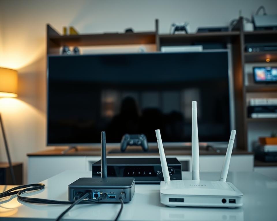 A well-lit contemporary home entertainment setup, showcasing various IPTV-compatible devices. In the foreground, a modern smart TV and streaming box sit atop a sleek media console. In the middle ground, a wireless router and various cables and connectors are neatly arranged. The background features shelves displaying other home technology like gaming consoles and smart home hubs. The lighting is warm and inviting, creating a cozy atmosphere suitable for enjoying IPTV and OTT content. The composition emphasizes the integration of IPTV-ready devices within a stylish, functional home entertainment system. A well-lit contemporary home entertainment setup, showcasing various IPTV-compatible devices. In the foreground, a modern smart TV and streaming box sit atop a sleek media console. In the middle ground, a wireless router and various cables and connectors are neatly arranged. The background features shelves displaying other home technology like gaming consoles and smart home hubs. The lighting is warm and inviting, creating a cozy atmosphere suitable for enjoying IPTV and OTT content. The composition emphasizes the integration of IPTV-ready devices within a stylish, functional home entertainment system.