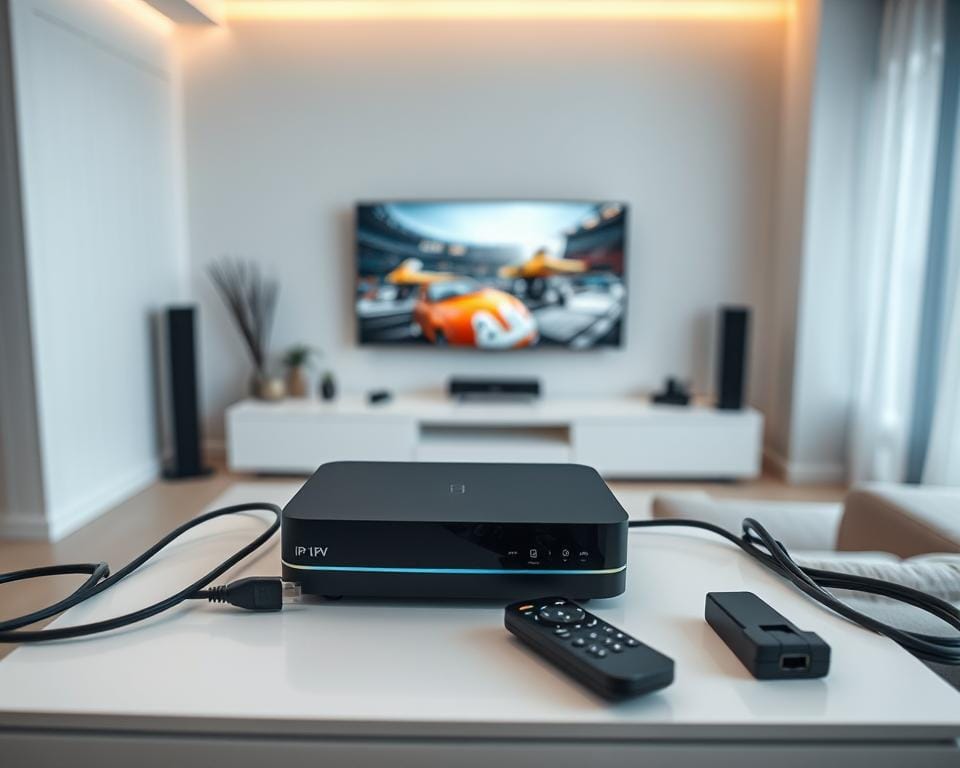 A well-lit, high-angle shot of a modern, minimalist home entertainment setup. In the foreground, a sleek black IPTV/OTT streaming device sits atop a clean white TV stand, its LED indicator glowing softly. Surrounding it, various cables and peripherals are neatly organized, including a wireless remote, an ethernet cable, and a power adapter. The middle ground features a large, flat-screen TV mounted on the wall, displaying vivid, high-definition visuals. The background showcases a minimalist living room decor, with neutral-toned walls, subtle ambient lighting, and a comfortable seating area, all conveying a sense of modern, technology-driven home entertainment. A well-lit, high-angle shot of a modern, minimalist home entertainment setup. In the foreground, a sleek black IPTV/OTT streaming device sits atop a clean white TV stand, its LED indicator glowing softly. Surrounding it, various cables and peripherals are neatly organized, including a wireless remote, an ethernet cable, and a power adapter. The middle ground features a large, flat-screen TV mounted on the wall, displaying vivid, high-definition visuals. The background showcases a minimalist living room decor, with neutral-toned walls, subtle ambient lighting, and a comfortable seating area, all conveying a sense of modern, technology-driven home entertainment.