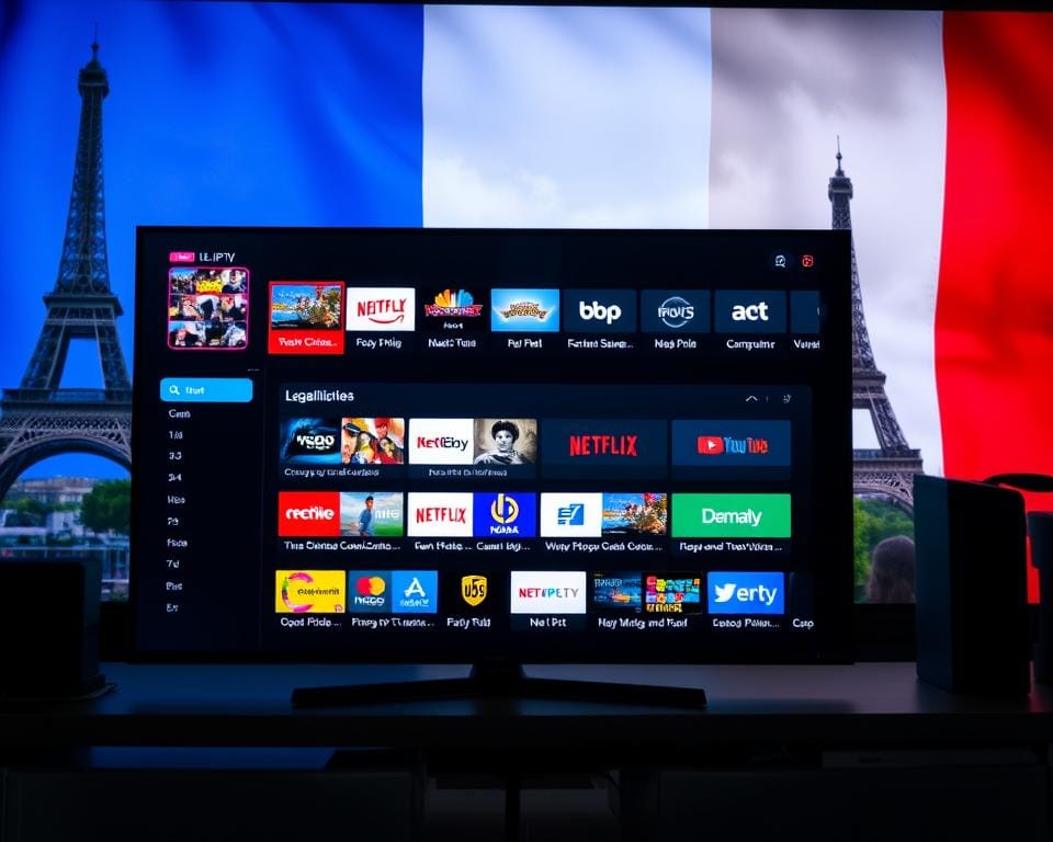 A well-lit, high-quality photograph showcasing a selection of legal IPTV service providers and their offerings in France. The image should feature a sleek, modern user interface displaying program guides, channel lineups, and subscription details against a backdrop of the French flag or iconic French landmarks. The foreground should emphasize the ease and legitimacy of accessing a wide range of television content through these authorized IPTV platforms. The overall mood should convey a sense of trust, reliability, and compliance with French media regulations. A well-lit, high-quality photograph showcasing a selection of legal IPTV service providers and their offerings in France. The image should feature a sleek, modern user interface displaying program guides, channel lineups, and subscription details against a backdrop of the French flag or iconic French landmarks. The foreground should emphasize the ease and legitimacy of accessing a wide range of television content through these authorized IPTV platforms. The overall mood should convey a sense of trust, reliability, and compliance with French media regulations.
