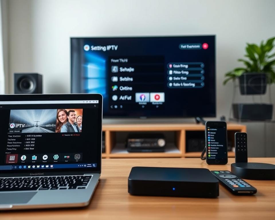 A well-lit, modern home office setup with multiple electronic devices displaying IPTV interfaces. In the foreground, a laptop and tablet show different IPTV app screens. In the middle ground, a smart TV displays an IPTV channel selection menu. In the background, a smartphone and a streaming box are visible, also showcasing IPTV configuration options. The devices are arranged in a cohesive, user-friendly layout, conveying the ease of setting up IPTV on various household electronics. The scene has a clean, minimalist aesthetic with soft, indirect lighting that highlights the technological interfaces. A well-lit, modern home office setup with multiple electronic devices displaying IPTV interfaces. In the foreground, a laptop and tablet show different IPTV app screens. In the middle ground, a smart TV displays an IPTV channel selection menu. In the background, a smartphone and a streaming box are visible, also showcasing IPTV configuration options. The devices are arranged in a cohesive, user-friendly layout, conveying the ease of setting up IPTV on various household electronics. The scene has a clean, minimalist aesthetic with soft, indirect lighting that highlights the technological interfaces.