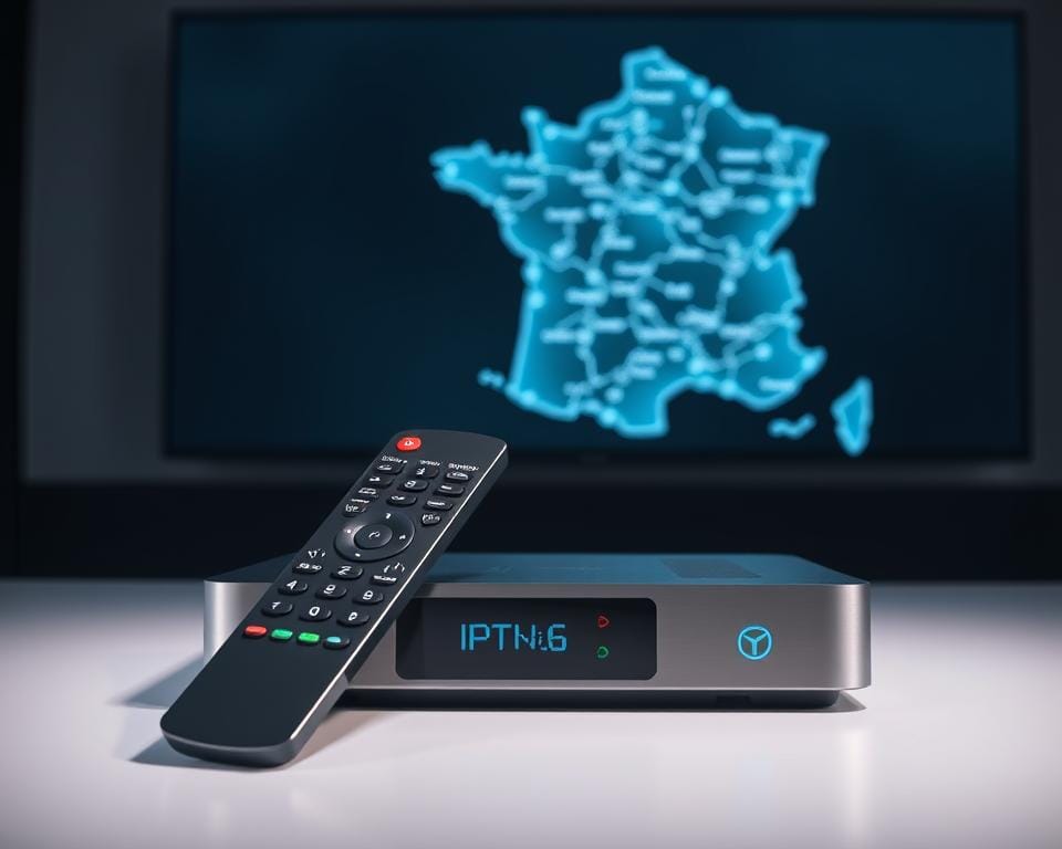 A well-lit studio scene showcasing a modern IPTV set-top box and remote control. The device has a sleek, minimalist design with clean lines and a metallic finish. The remote features intuitive controls and a large display screen. In the background, a digital map of France is projected, highlighting the country's regions and suggesting the wide availability of IPTV services. The overall mood is professional, informative, and visually appealing, reflecting the subject of choosing a reliable IPTV provider in France. A well-lit studio scene showcasing a modern IPTV set-top box and remote control. The device has a sleek, minimalist design with clean lines and a metallic finish. The remote features intuitive controls and a large display screen. In the background, a digital map of France is projected, highlighting the country's regions and suggesting the wide availability of IPTV services. The overall mood is professional, informative, and visually appealing, reflecting the subject of choosing a reliable IPTV provider in France.