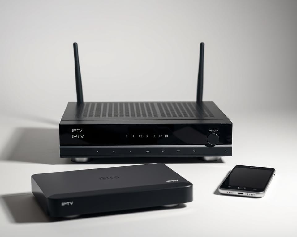 A well-lit studio shot of various IPTV equipment including a modern digital TV receiver, a wireless router, a streaming media player, and a smartphone or tablet. The devices are arranged neatly on a clean, neutral-colored surface, showcasing their sleek, minimalist designs. Subtle shadows and highlights add depth and dimensionality to the scene. The overall lighting is soft and balanced, creating a professional, technical aesthetic that reflects the premium quality of the IPTV services. The image conveys a sense of the necessary technology setup for enjoying high-quality IPTV entertainment in the home. A well-lit studio shot of various IPTV equipment including a modern digital TV receiver, a wireless router, a streaming media player, and a smartphone or tablet. The devices are arranged neatly on a clean, neutral-colored surface, showcasing their sleek, minimalist designs. Subtle shadows and highlights add depth and dimensionality to the scene. The overall lighting is soft and balanced, creating a professional, technical aesthetic that reflects the premium quality of the IPTV services. The image conveys a sense of the necessary technology setup for enjoying high-quality IPTV entertainment in the home.