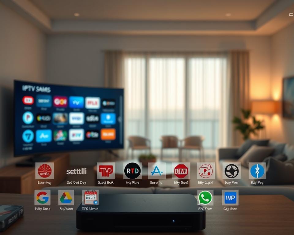A well-organized home IPTV setup with a neatly arranged array of essential IPTV apps on a modern, minimalist interface. The foreground features several IPTV app icons and logos, including popular streaming services, set-top box management tools, and EPG (electronic program guide) apps. The middle ground showcases a sleek, high-definition IPTV interface with intuitive navigation menus. In the background, a subtle, out-of-focus living room setting provides a sense of place, with warm, ambient lighting and clean, contemporary furnishings. The overall mood is one of efficiency, ease of use, and a seamless IPTV experience tailored to the user's needs. A well-organized home IPTV setup with a neatly arranged array of essential IPTV apps on a modern, minimalist interface. The foreground features several IPTV app icons and logos, including popular streaming services, set-top box management tools, and EPG (electronic program guide) apps. The middle ground showcases a sleek, high-definition IPTV interface with intuitive navigation menus. In the background, a subtle, out-of-focus living room setting provides a sense of place, with warm, ambient lighting and clean, contemporary furnishings. The overall mood is one of efficiency, ease of use, and a seamless IPTV experience tailored to the user's needs.