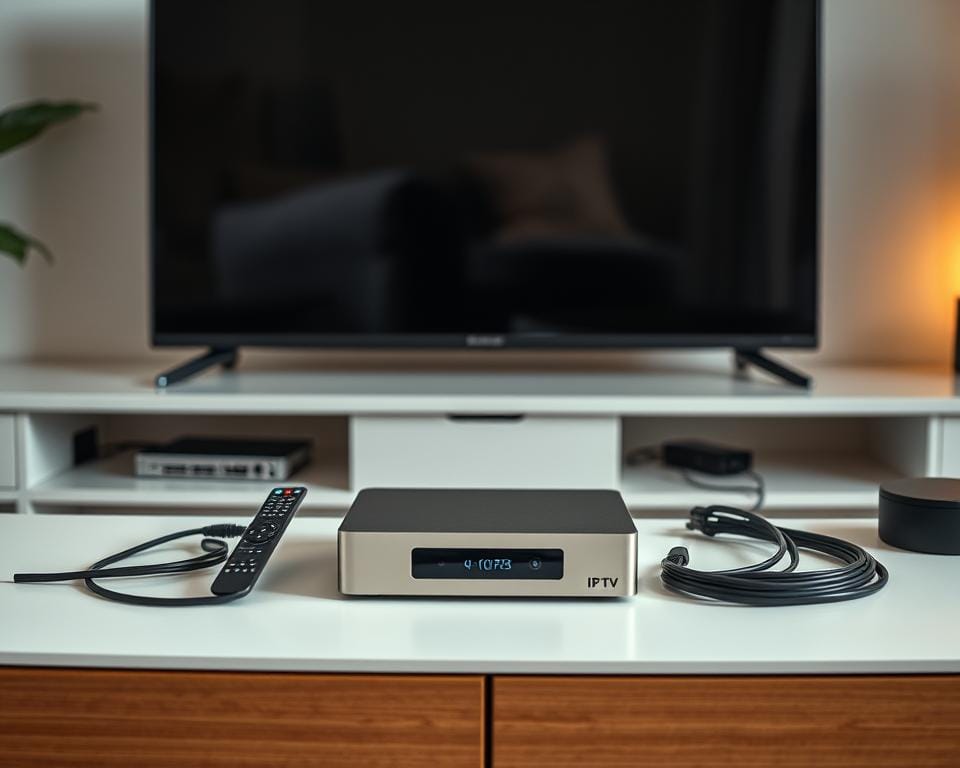A well-organized home entertainment setup featuring a sleek IPTV streaming device, remote control, and various connectivity cables. The device is positioned prominently on a modern, minimalist TV stand, surrounded by a clean, clutter-free environment. Soft, diffused lighting illuminates the scene, creating a cozy and inviting atmosphere. The composition emphasizes the streamlined design of the IPTV equipment, showcasing its integration into a sophisticated living space. The overall image conveys the ease and convenience of accessing premium IPTV content in a visually appealing, user-friendly manner. A well-organized home entertainment setup featuring a sleek IPTV streaming device, remote control, and various connectivity cables. The device is positioned prominently on a modern, minimalist TV stand, surrounded by a clean, clutter-free environment. Soft, diffused lighting illuminates the scene, creating a cozy and inviting atmosphere. The composition emphasizes the streamlined design of the IPTV equipment, showcasing its integration into a sophisticated living space. The overall image conveys the ease and convenience of accessing premium IPTV content in a visually appealing, user-friendly manner.