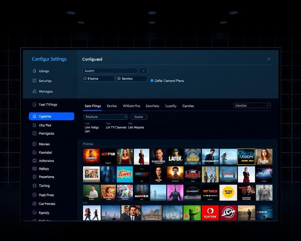 An elegant interface displaying the configuration settings of a premium IPTV service. In the foreground, a sleek dashboard with intuitive controls for managing user accounts, subscription plans, and content channels. The middle ground features a grid of thumbnails showcasing a diverse library of live TV channels, movies, and on-demand content. In the background, a subtle grid pattern suggests the technical infrastructure powering the service, conveying a sense of reliability and sophistication. The overall atmosphere is professional, streamlined, and visually appealing, reflecting the premium quality of the IPTV offering. An elegant interface displaying the configuration settings of a premium IPTV service. In the foreground, a sleek dashboard with intuitive controls for managing user accounts, subscription plans, and content channels. The middle ground features a grid of thumbnails showcasing a diverse library of live TV channels, movies, and on-demand content. In the background, a subtle grid pattern suggests the technical infrastructure powering the service, conveying a sense of reliability and sophistication. The overall atmosphere is professional, streamlined, and visually appealing, reflecting the premium quality of the IPTV offering.