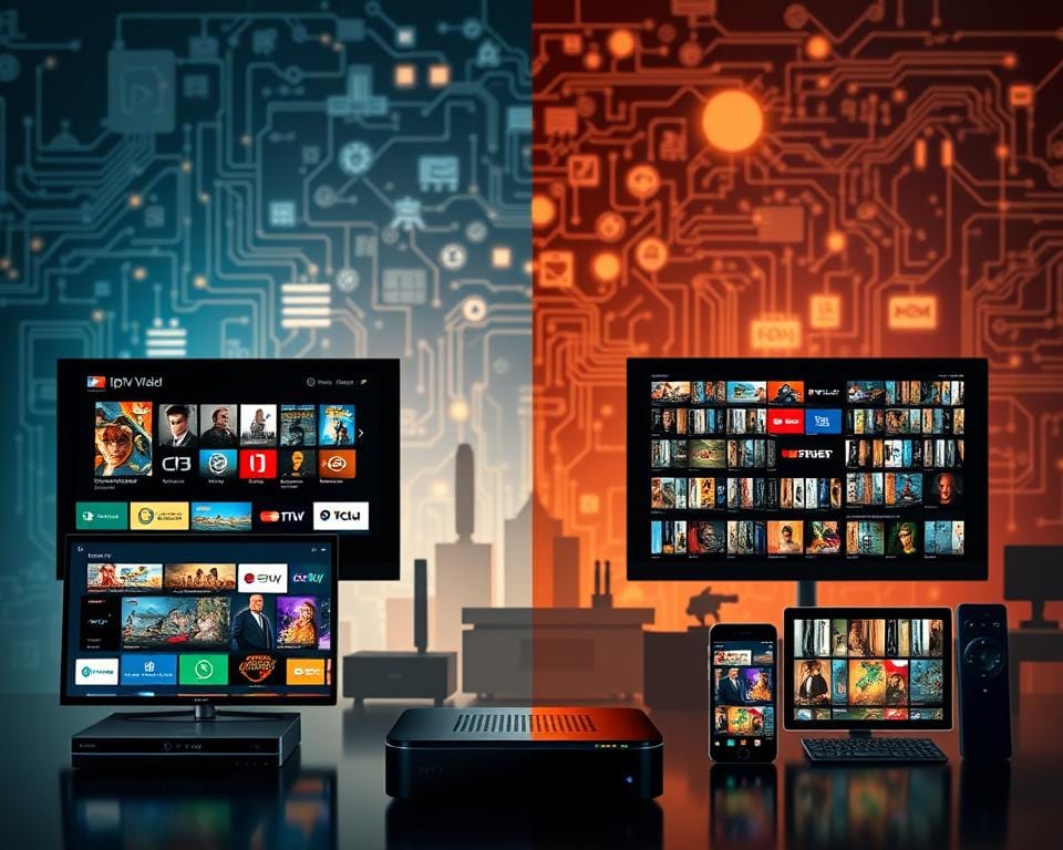 Comparaison iptv ott: a meticulously crafted visual representation of the differences between IPTV and OTT services. In the foreground, sleek digital interfaces showcase the contrasting user experiences, with IPTV's curated channels juxtaposed against OTT's vast on-demand library. The middle ground features iconic device silhouettes - set-top boxes, smart TVs, and mobile devices - highlighting the flexibility and accessibility of these technologies. The background subtly blends technical schematics and network diagrams, alluding to the underlying infrastructure that powers these disparate content delivery methods. The overall composition conveys a sense of balance and equilibrium, inviting the viewer to explore the nuances between these two transformative media platforms. Comparaison iptv ott: a meticulously crafted visual representation of the differences between IPTV and OTT services. In the foreground, sleek digital interfaces showcase the contrasting user experiences, with IPTV's curated channels juxtaposed against OTT's vast on-demand library. The middle ground features iconic device silhouettes - set-top boxes, smart TVs, and mobile devices - highlighting the flexibility and accessibility of these technologies. The background subtly blends technical schematics and network diagrams, alluding to the underlying infrastructure that powers these disparate content delivery methods. The overall composition conveys a sense of balance and equilibrium, inviting the viewer to explore the nuances between these two transformative media platforms.
