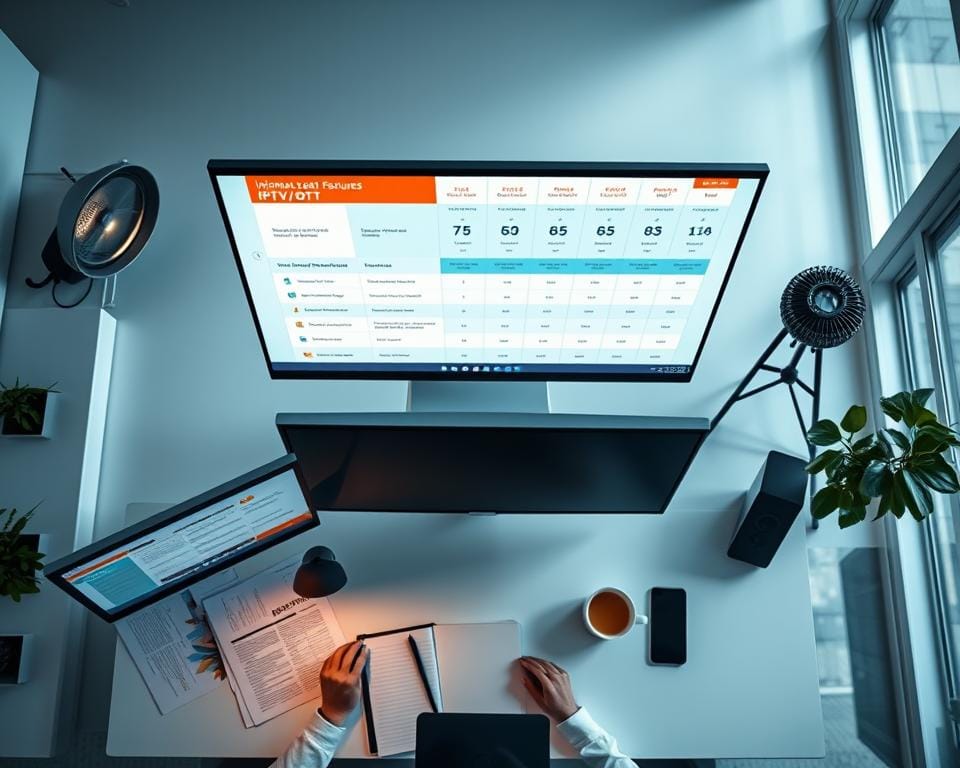 Comparaison offres IPTV OTT: a detailed infographic An overhead view of a sleek, modern workspace. In the center, a large display screen shows a visually striking infographic that compares the key features and pricing of various IPTV and OTT service providers. The infographic uses clean typography, bold colors, and intuitive icons to highlight the differences between the offerings in an easy-to-understand format. In the foreground, a desktop computer with multiple monitors displays research materials and analysis spreadsheets, while a pen and notebook suggest an active decision-making process. The middle ground features a minimalist desk with a cup of coffee, a smartphone, and a tablet, creating a sense of a thoughtful, data-driven approach to choosing the right IPTV/OTT solution. The background showcases a bright, airy room with large windows, giving the scene a sense of clarity and professionalism. Subtle lighting accentuates the clean, sophisticated aesthetic, creating an atmosphere of informed, methodical Comparaison offres IPTV OTT: a detailed infographic An overhead view of a sleek, modern workspace. In the center, a large display screen shows a visually striking infographic that compares the key features and pricing of various IPTV and OTT service providers. The infographic uses clean typography, bold colors, and intuitive icons to highlight the differences between the offerings in an easy-to-understand format. In the foreground, a desktop computer with multiple monitors displays research materials and analysis spreadsheets, while a pen and notebook suggest an active decision-making process. The middle ground features a minimalist desk with a cup of coffee, a smartphone, and a tablet, creating a sense of a thoughtful, data-driven approach to choosing the right IPTV/OTT solution. The background showcases a bright, airy room with large windows, giving the scene a sense of clarity and professionalism. Subtle lighting accentuates the clean, sophisticated aesthetic, creating an atmosphere of informed, methodical