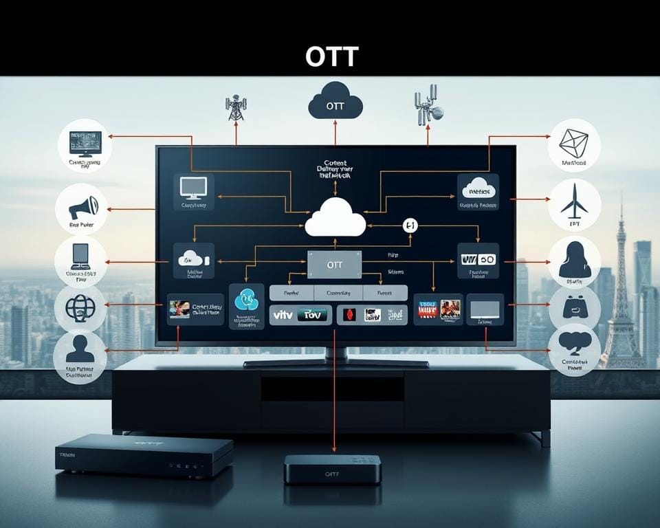 Configuration de l'OTT: An intricate, technical diagram showcasing the interconnected components of an over-the-top (OTT) media service. In the foreground, a sleek smart TV and a streaming device, seamlessly connected via high-speed internet. In the middle ground, a cloud-based platform, content delivery network, and various content providers, all working in harmony to deliver a seamless viewing experience. In the background, a cityscape with skyscrapers and telecommunication towers, representing the robust infrastructure that enables the OTT ecosystem. The scene is illuminated by soft, diffused lighting, conveying a sense of sophistication and modernity. The overall composition highlights the complexity and interconnectivity of the OTT configuration, crucial for understanding the practical implementation of this cutting-edge media technology.