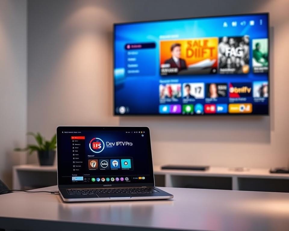 Installation de Dev IPTV Pro on a sleek, minimalist desktop setup. A modern laptop or computer in the foreground, displaying the Dev IPTV Pro application interface. The desktop surface is clean and organized, with a subtle lighting setup that casts a warm glow across the scene. In the background, a wall-mounted display showcases the IPTV service's user interface, highlighting its intuitive design and content offerings. The overall atmosphere conveys a sense of professionalism and user-friendliness, reflecting the section's focus on the practical installation and setup of the Dev IPTV Pro application. Installation de Dev IPTV Pro on a sleek, minimalist desktop setup. A modern laptop or computer in the foreground, displaying the Dev IPTV Pro application interface. The desktop surface is clean and organized, with a subtle lighting setup that casts a warm glow across the scene. In the background, a wall-mounted display showcases the IPTV service's user interface, highlighting its intuitive design and content offerings. The overall atmosphere conveys a sense of professionalism and user-friendliness, reflecting the section's focus on the practical installation and setup of the Dev IPTV Pro application.